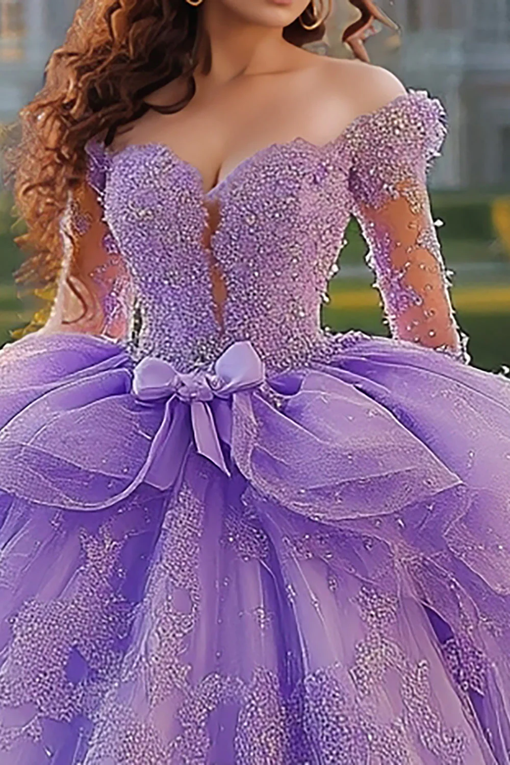 Liliowa suknia balowa z odkrytymi ramionami sukienka quinceanera z długimi rękawami - Image 2