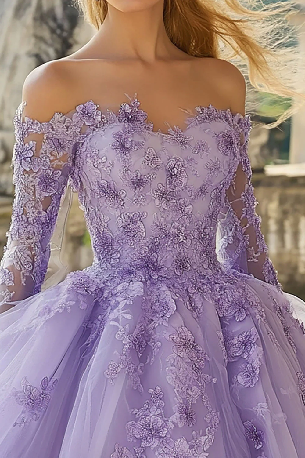 Liliowa suknia balowa z odkrytymi ramionami Tiulowa aplikacja Quinceanera Sukienka z długimi rękawami - Image 2