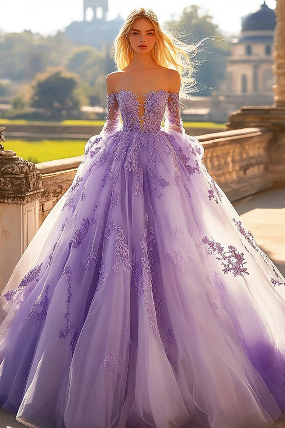 Liliowa tiulowa sukienka z aplikacją quinceanera z długimi rękawami