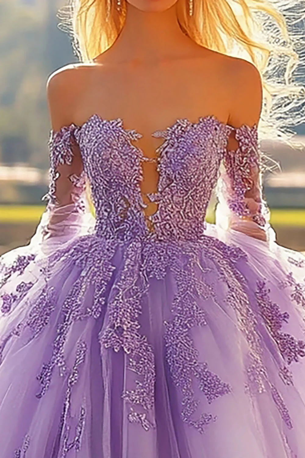 Liliowa tiulowa sukienka z aplikacją quinceanera z długimi rękawami - Image 2