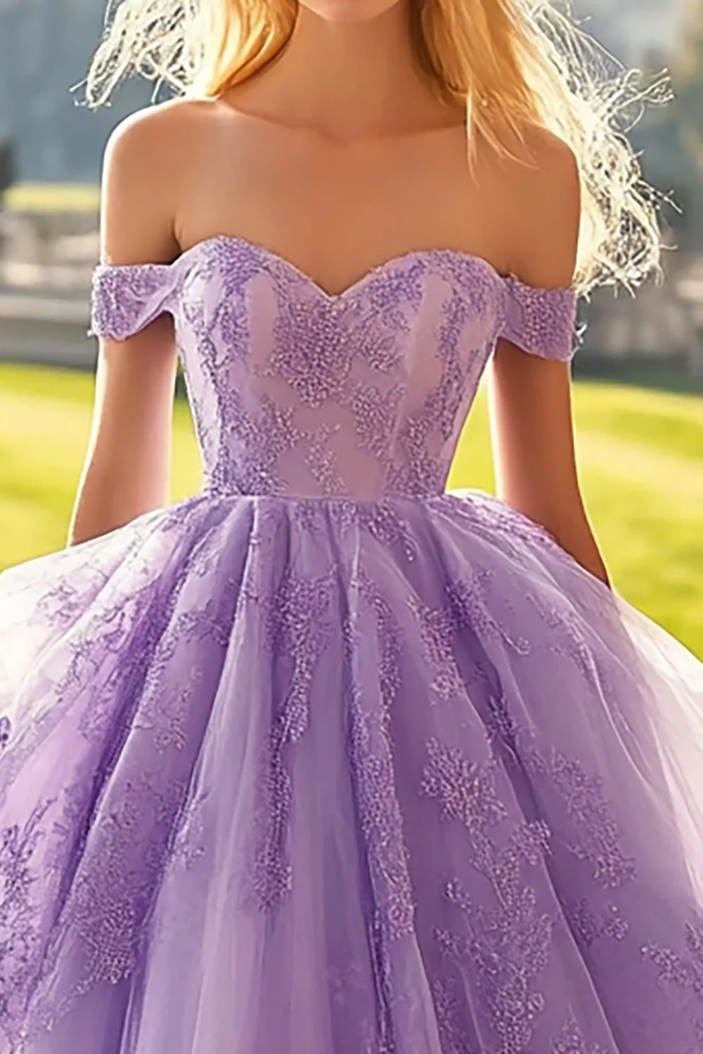 Liliowa tiulowa sukienka z aplikacją quinceanera z odkrytymi ramionami - Image 2