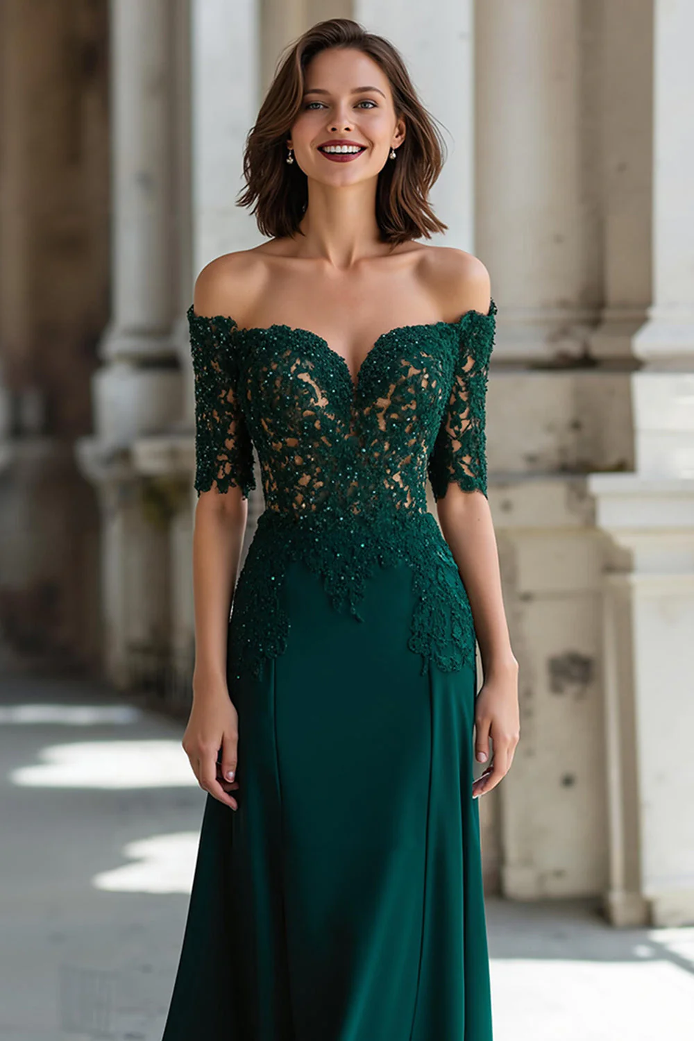Linia A Ciemnozielona Off The Shoulder Applique Długa sukienka dla matki panny młodej - Image 3