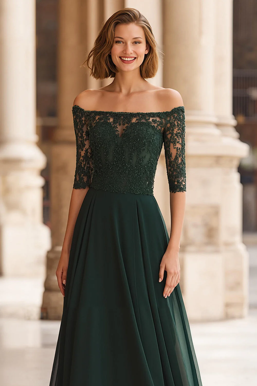 Linia A Off the Shoulder Koronkowa Aplikacja Sosna Sukienka Matki Panny Młodej - Image 3