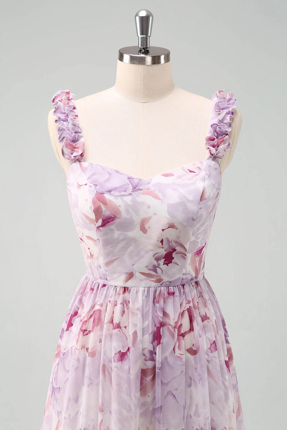 Linia A Szara Fioletowa Spaghetti Ramiączka Kwiatowa Długa Sukienka Druhny - Image 6