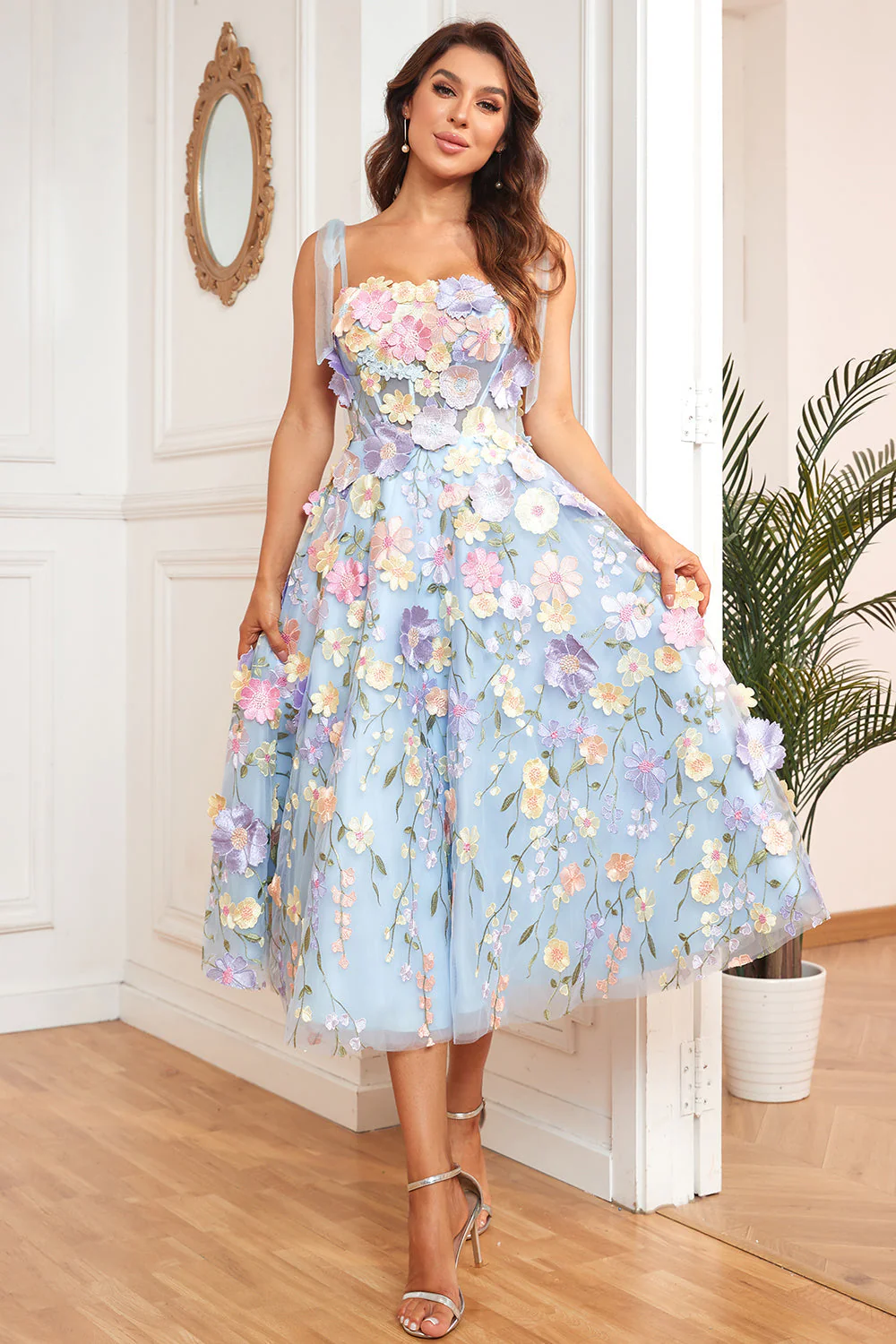 Linia Cienkich Ramiączkach Fioletowe Sukienki Na Studniówke z Kwiatami 3D - Image 9