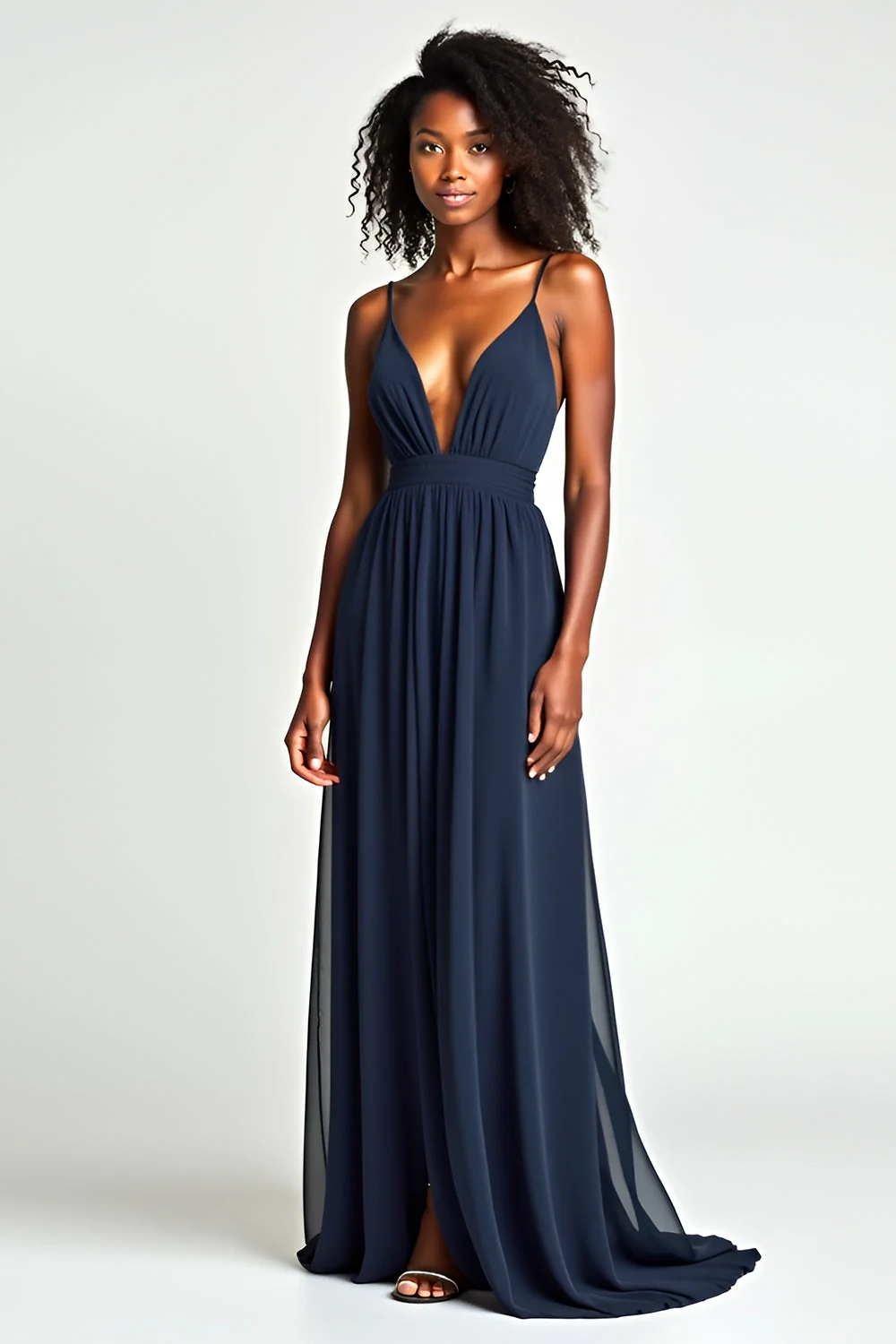 Linia Granatowe Ramiączka Spaghetti Długa Sukienka Dla Gości Weselnych - Image 3
