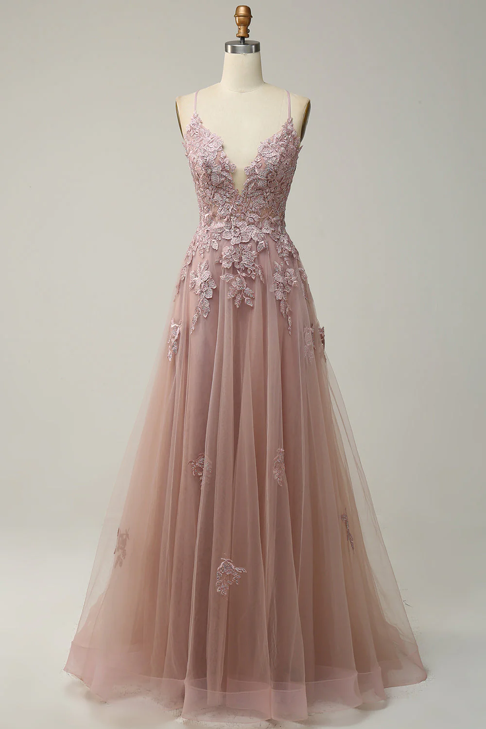 Linia ramiączek spaghetti szaroniebieska długa sukienka na studniówkę z aplikacjami - Image 11