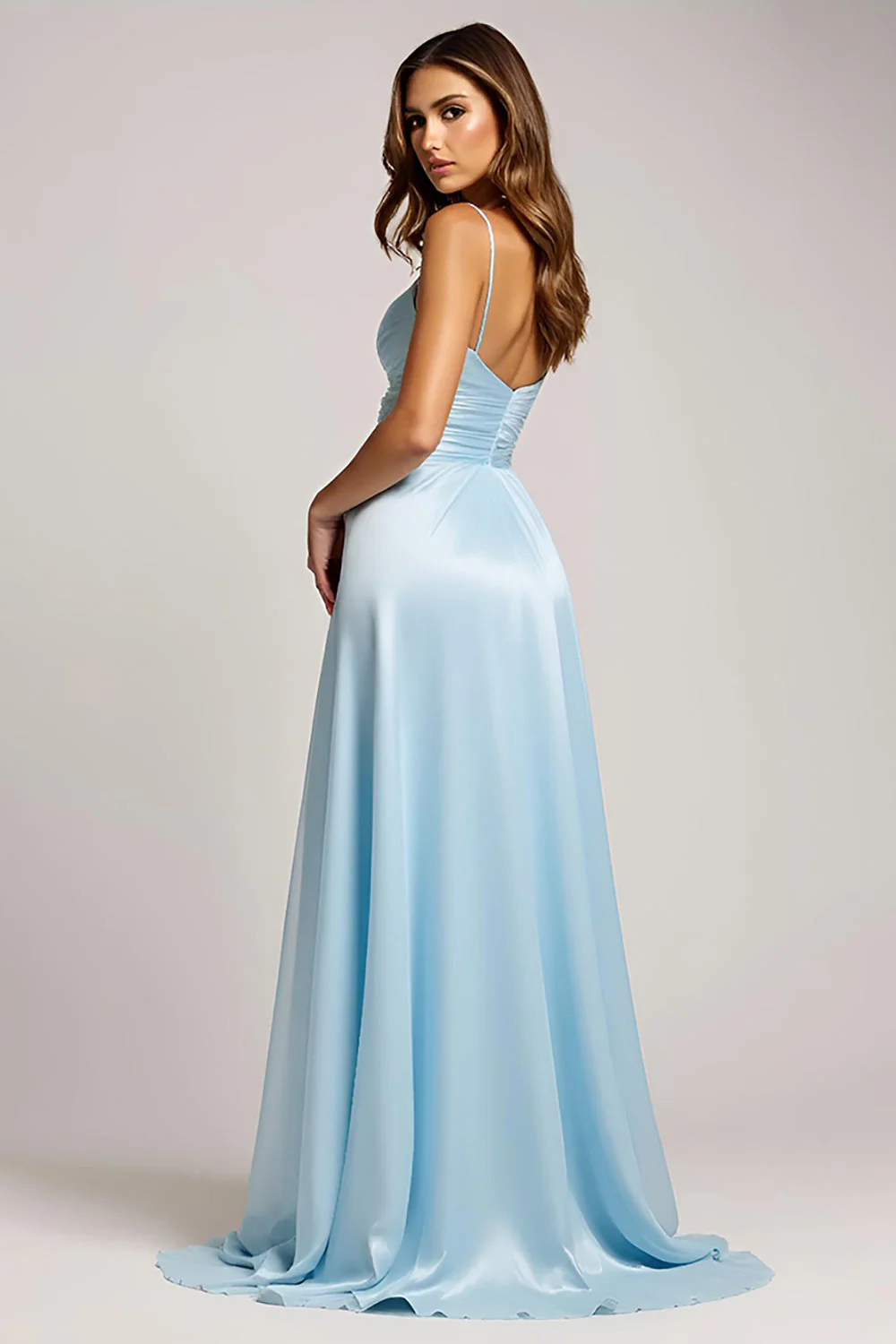 Linia Sky Blue Spaghetti Ramiączka Długa Satynowa Sukienka Na Studniówkę Z Rozcięciem - Image 2