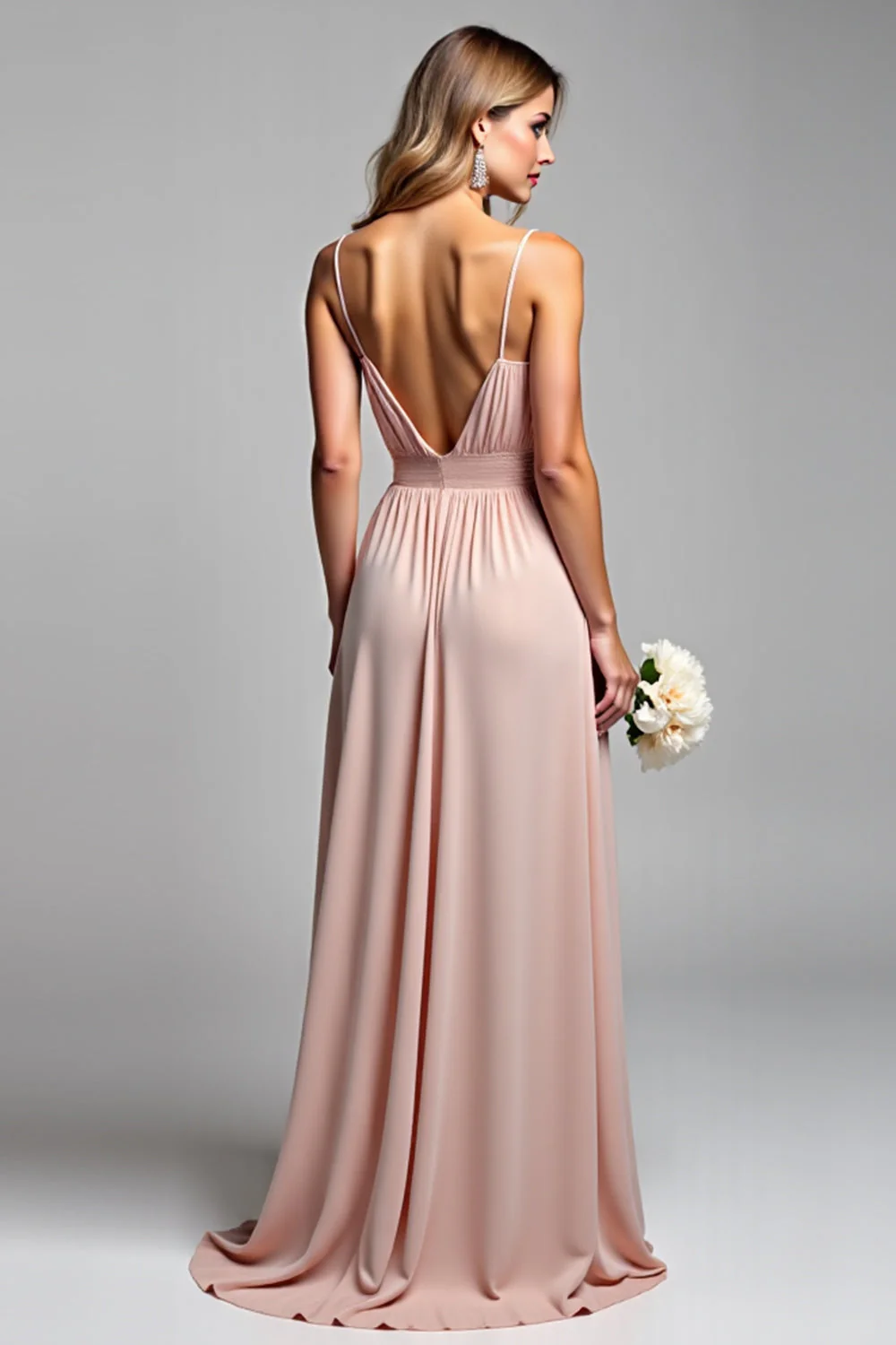 Linia Spaghetti Ramiączka Dusty Rose Długa Sukienka Druhny - Image 2