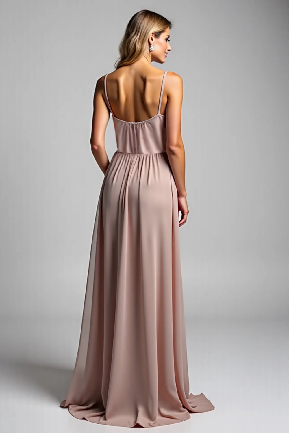 Linia Spaghetti Ramiączka Dusty Rose Ruched Długa Sukienka Druhny - Image 2