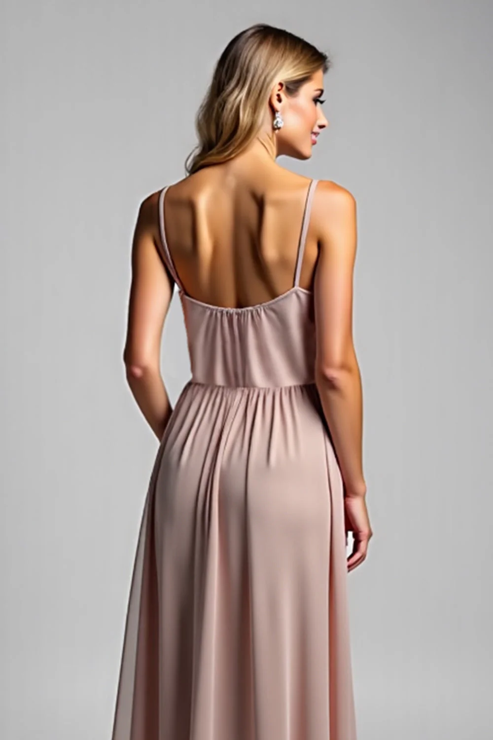 Linia Spaghetti Ramiączka Dusty Rose Ruched Długa Sukienka Druhny - Image 4
