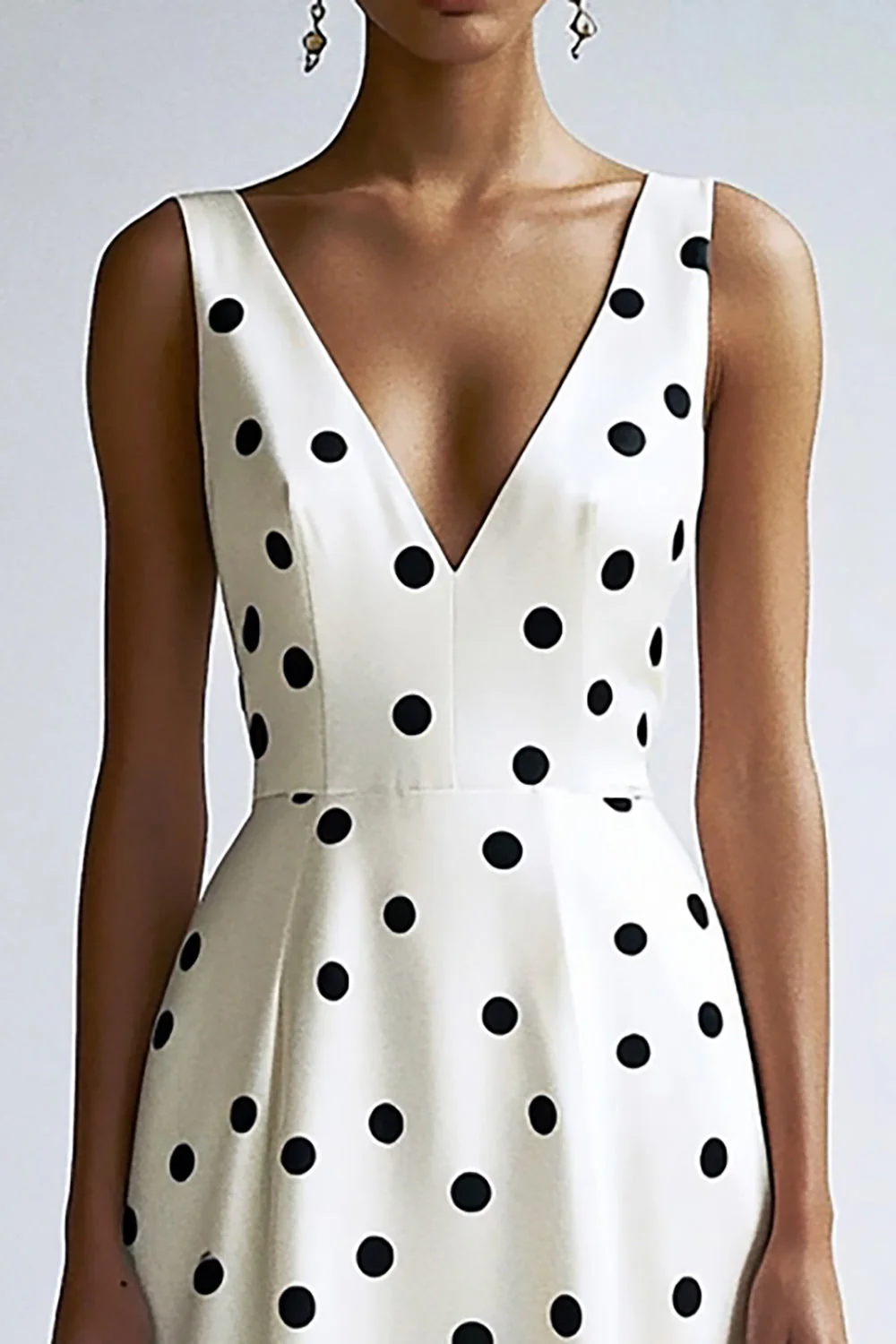 Linia V Neck Midi Biała Sukienka W Kropki - Image 2