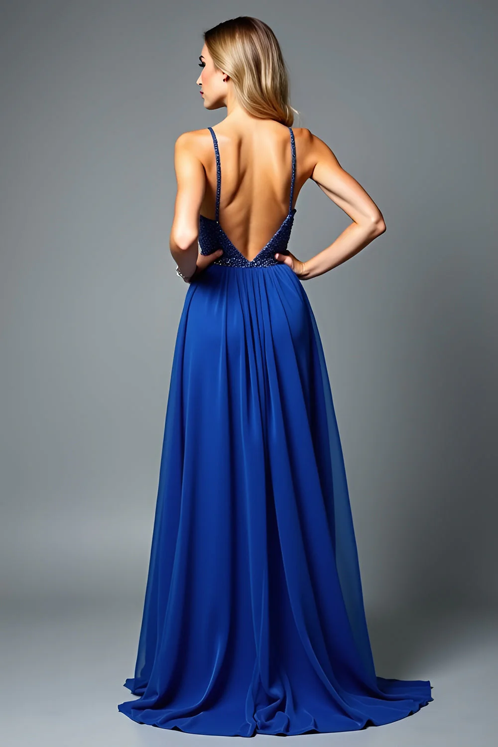 Linia z koralikami Royal Blue Spaghetti Ramiączka Sukienka dla gości weselnych - Image 2