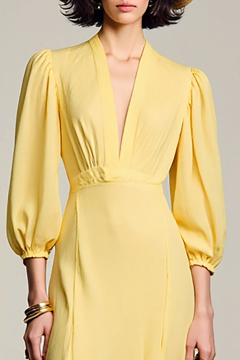 Linia Żółty Dekolt W Szpic Długa Sukienka Dla Gości Weselnych - Image 3