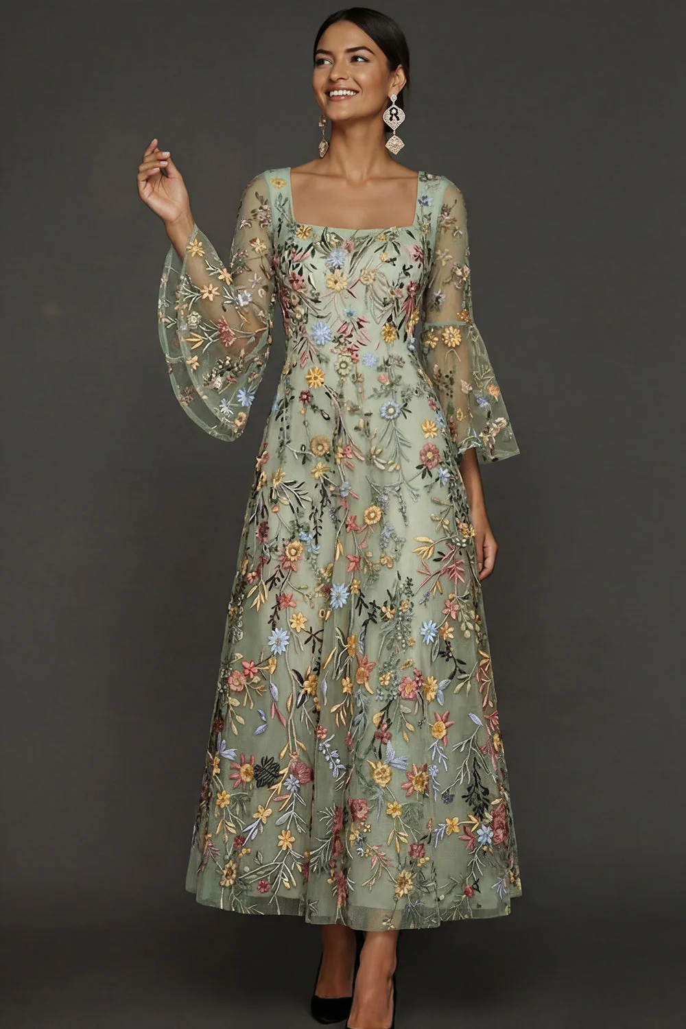 Mauve Floral A Line Haftowana suknia na bal - Image 10