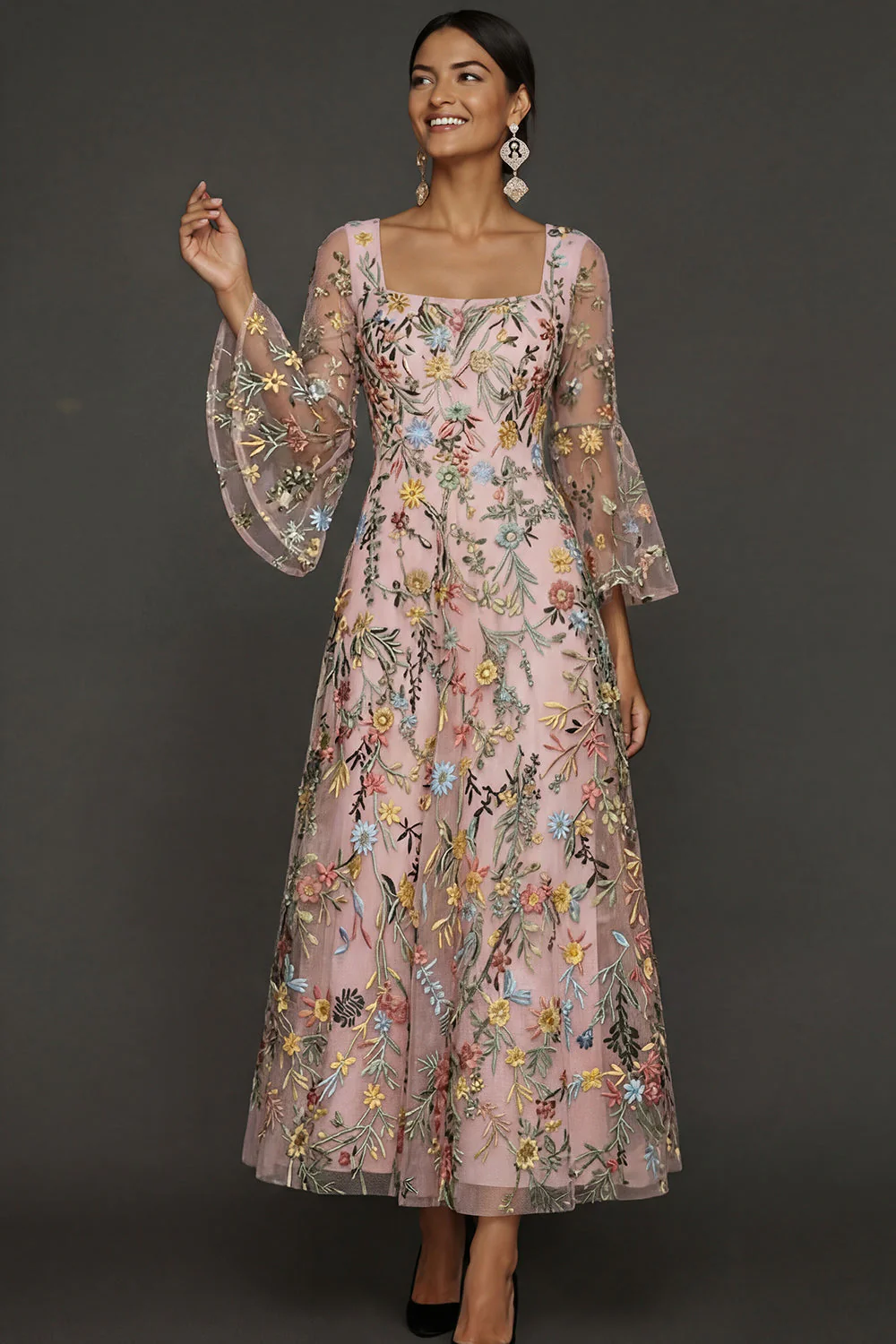Mauve Floral A Line Haftowana suknia na bal - Image 14