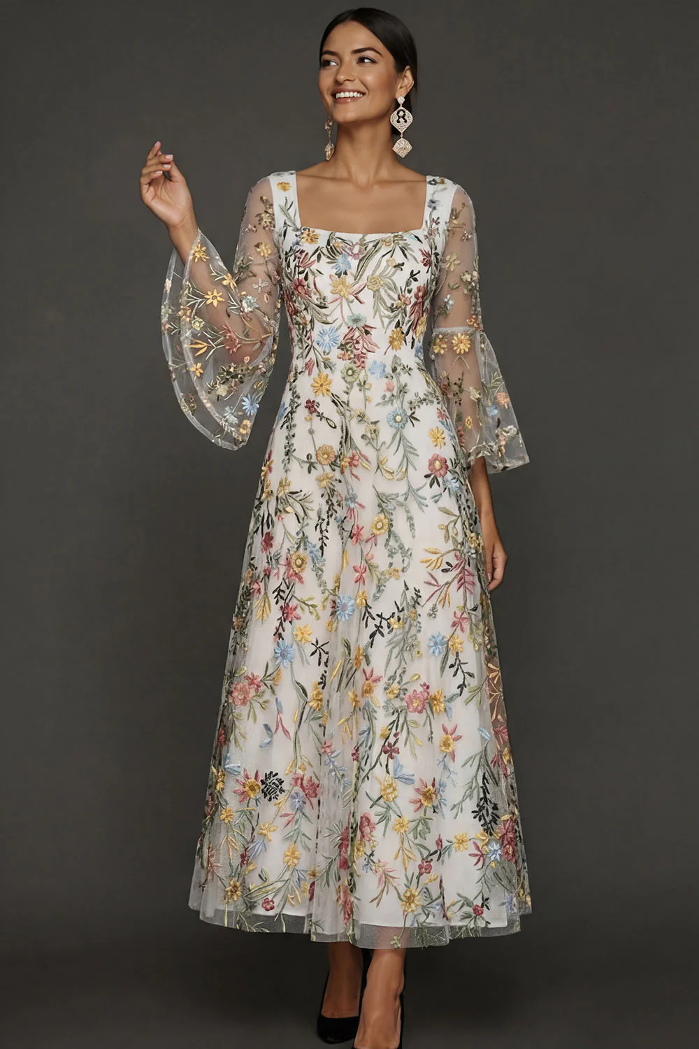 Mauve Floral A Line Haftowana suknia na bal - Image 16