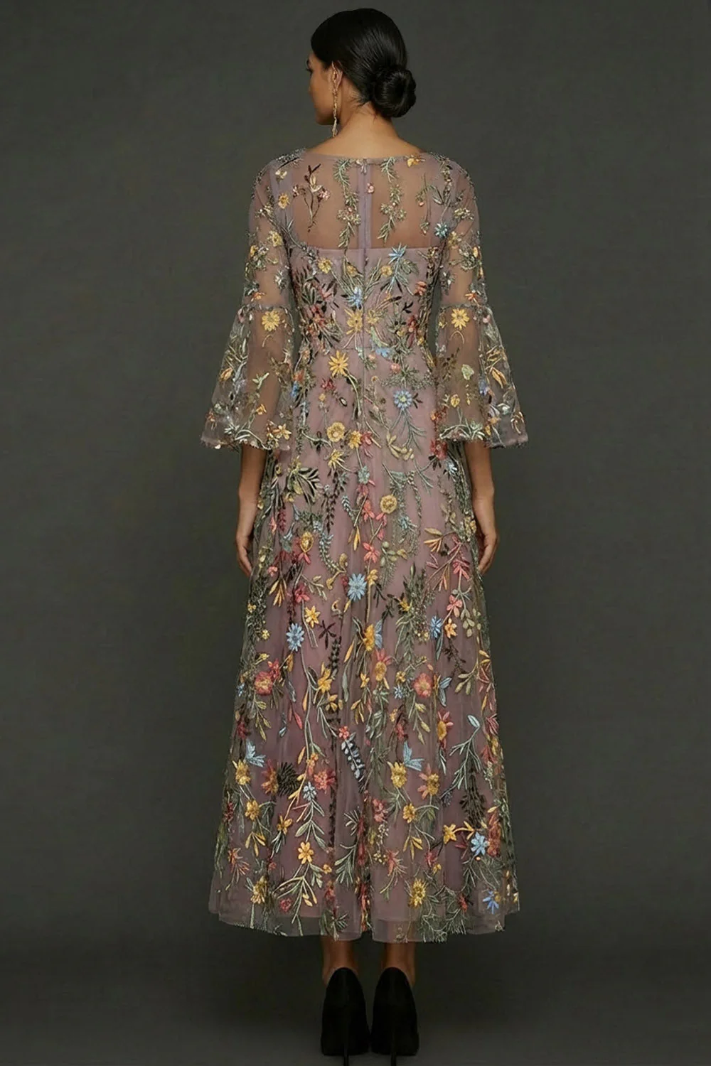 Mauve Floral A Line Haftowana suknia na bal - Image 2