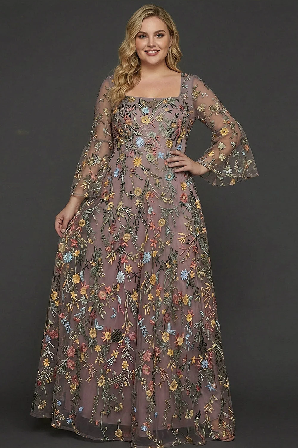Mauve Floral A Line Haftowana suknia na bal - Image 3