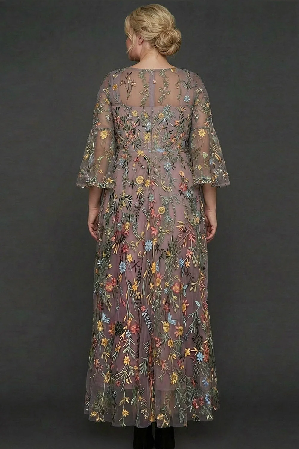 Mauve Floral A Line Haftowana suknia na bal - Image 4