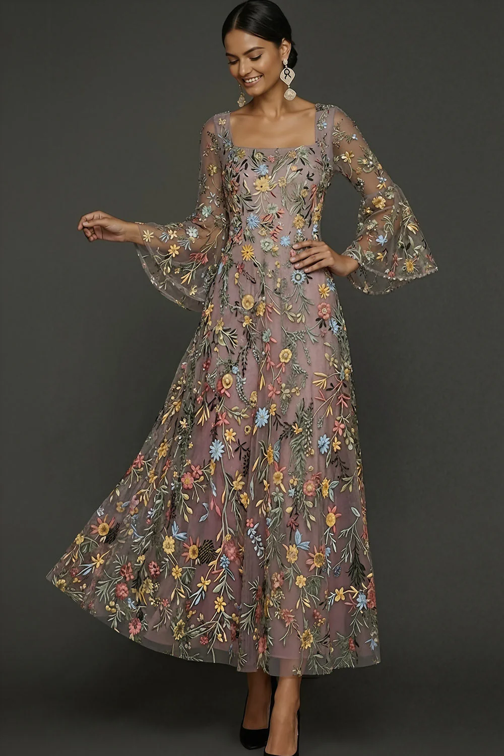 Mauve Floral A Line Haftowana suknia na bal - Image 5