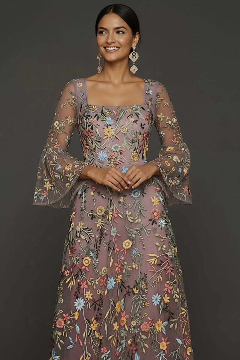 Mauve Floral A Line Haftowana suknia na bal - Image 6