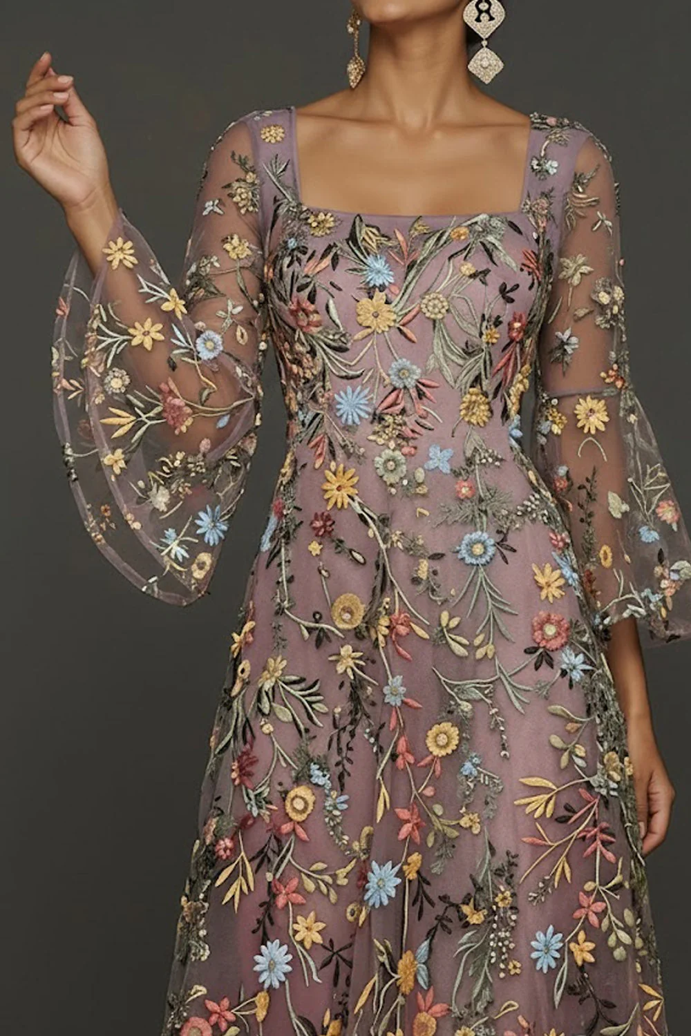 Mauve Floral A Line Haftowana suknia na bal - Image 7