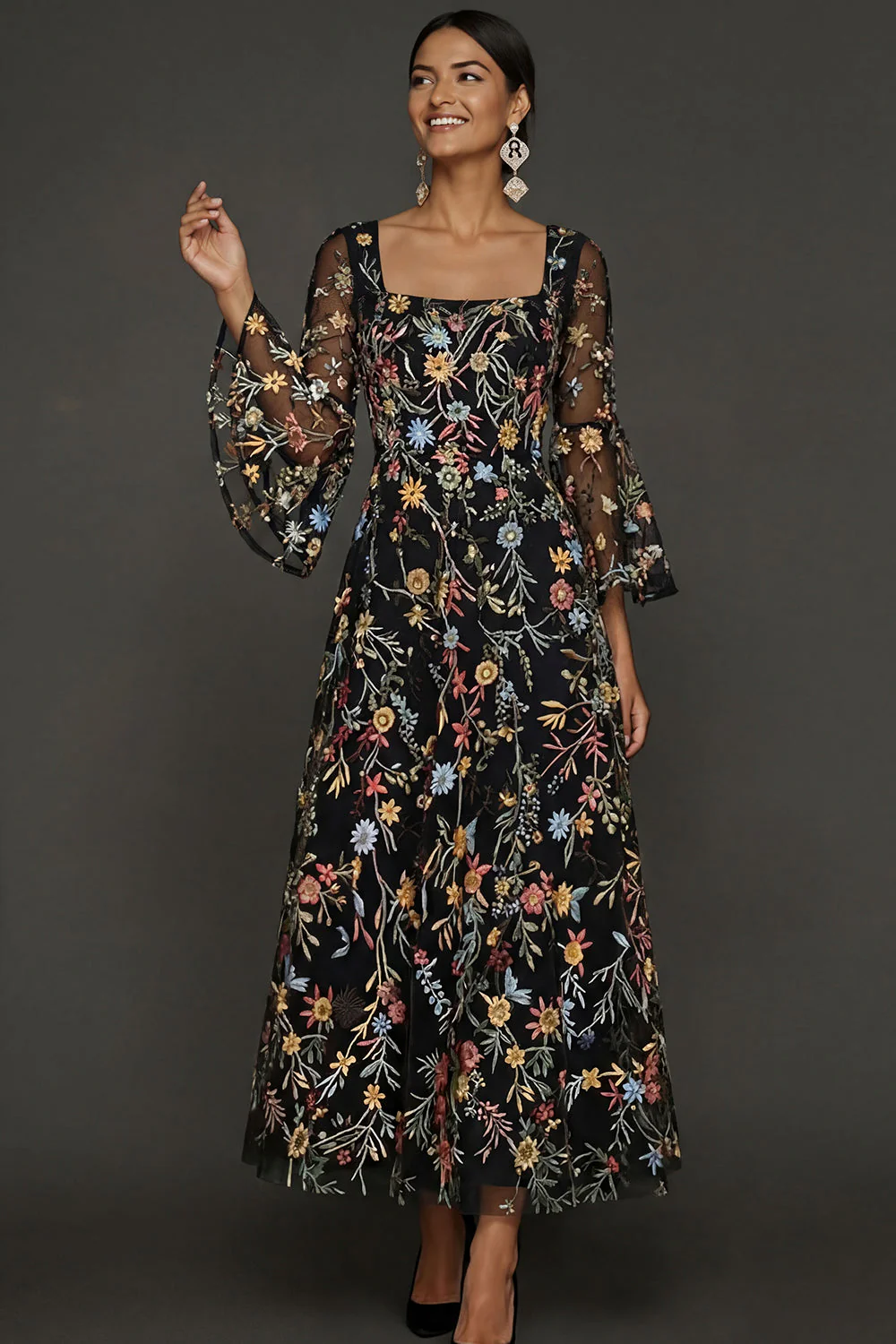 Mauve Floral A Line Haftowana suknia na bal - Image 8