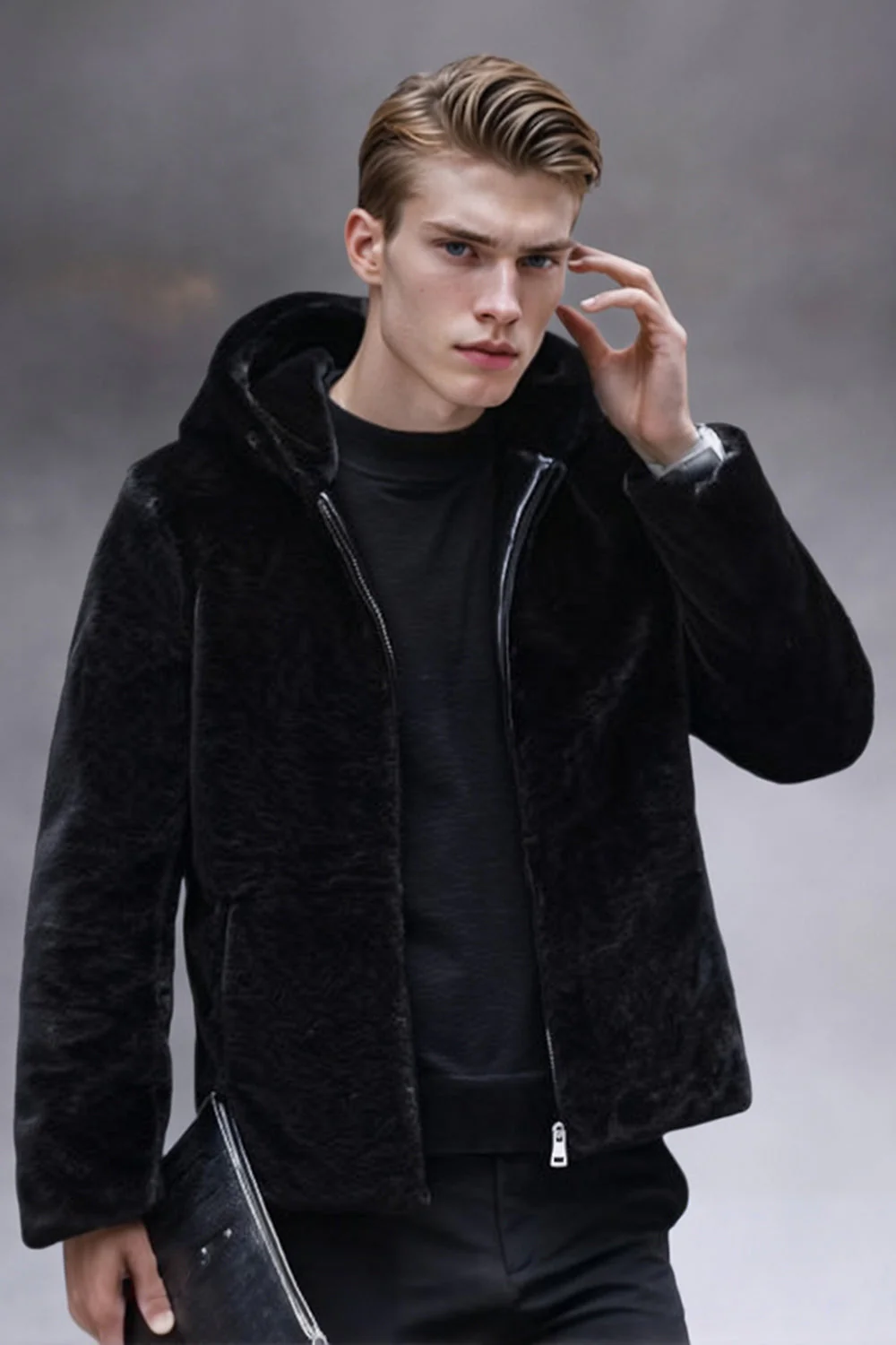 męski płaszcz zimowy z kapturem ze sztucznego futra i długim rękawem - Image 3