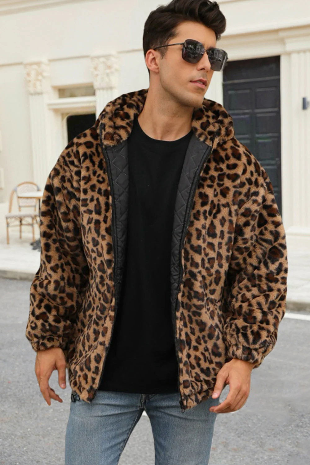 Męski płaszcz zimowy ze sztucznego futra Coffee Leopard z kieszeniami - Image 3