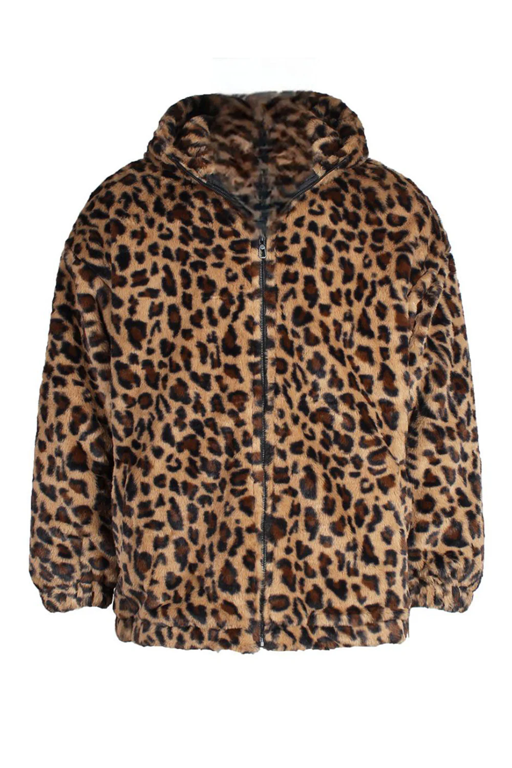 Męski płaszcz zimowy ze sztucznego futra Coffee Leopard z kieszeniami - Image 4