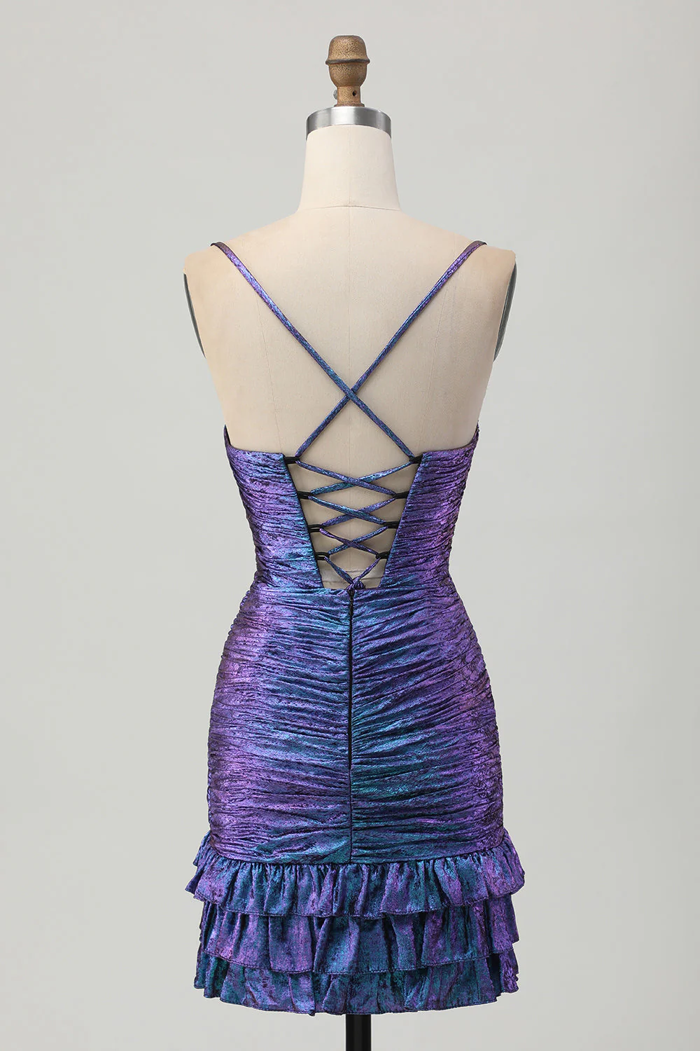 Metaliczna niebiesko-fioletowa sukienka z wycięciem bodycon z falbankami - Image 2