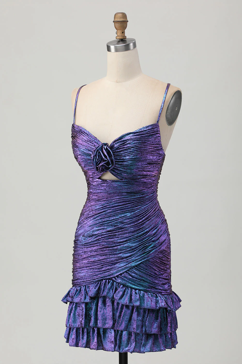 Metaliczna niebiesko-fioletowa sukienka z wycięciem bodycon z falbankami - Image 3