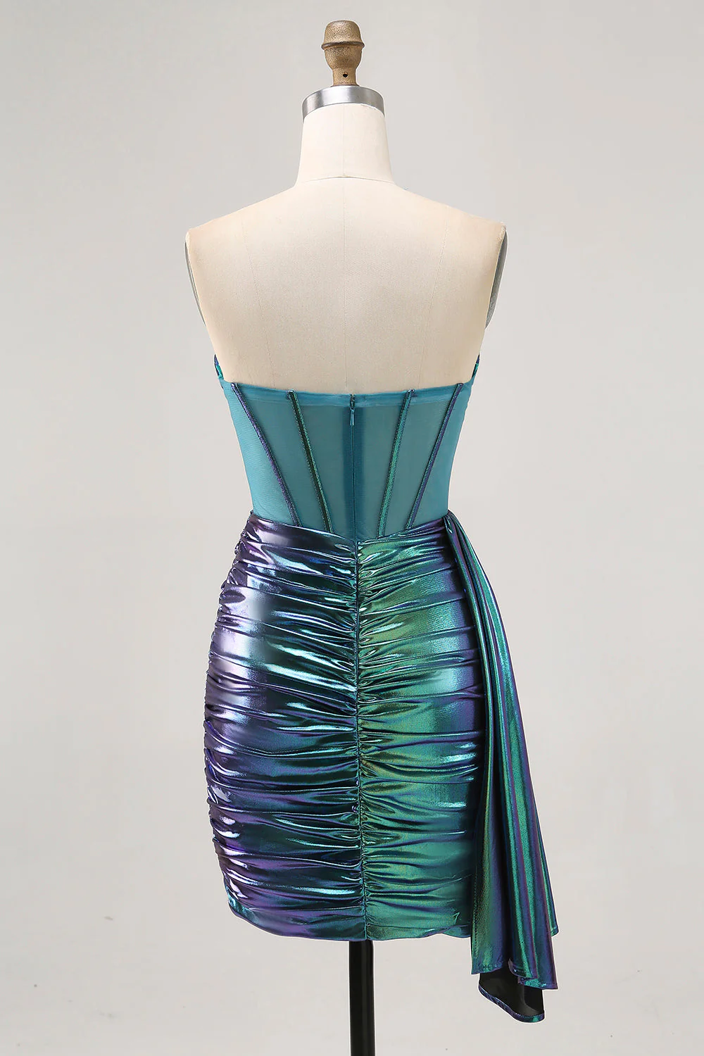 Metaliczna zielona gorset z marszczeniami bodycon krótka sukienka na powrót do domu - Image 2