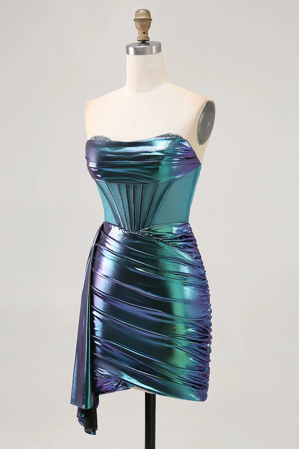 Metaliczna zielona gorset z marszczeniami bodycon krótka sukienka na powrót do domu - Image 3