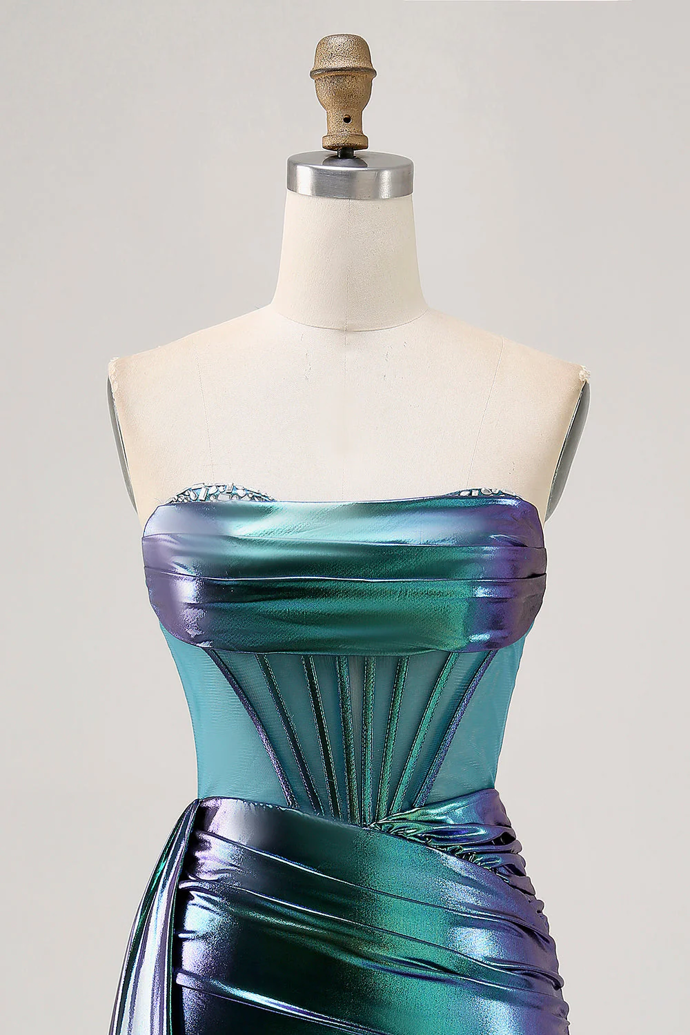 Metaliczna zielona gorset z marszczeniami bodycon krótka sukienka na powrót do domu - Image 4