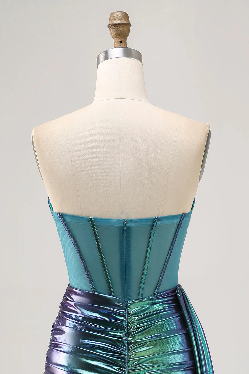 Metaliczna zielona gorset z marszczeniami bodycon krótka sukienka na powrót do domu - Image 5