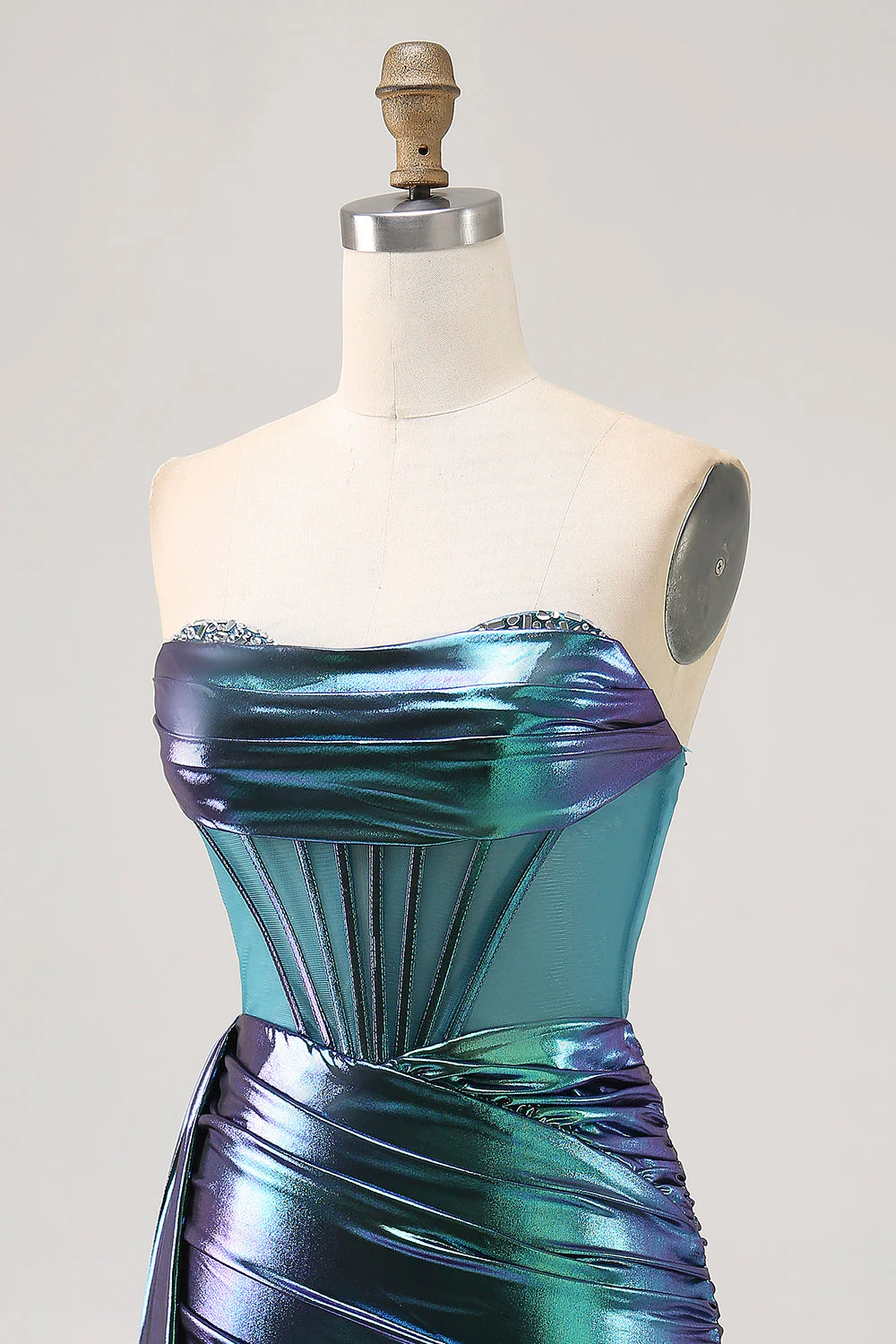 Metaliczna zielona gorset z marszczeniami bodycon krótka sukienka na powrót do domu - Image 6