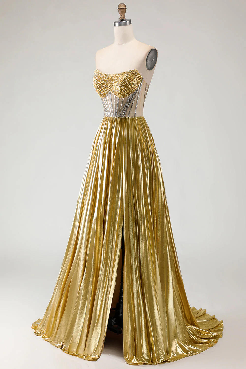 Metaliczna, złota, bez ramiączek, plisowana w kształcie litery A, długa sukienka balowa z koralikami i rozcięciem - Image 3