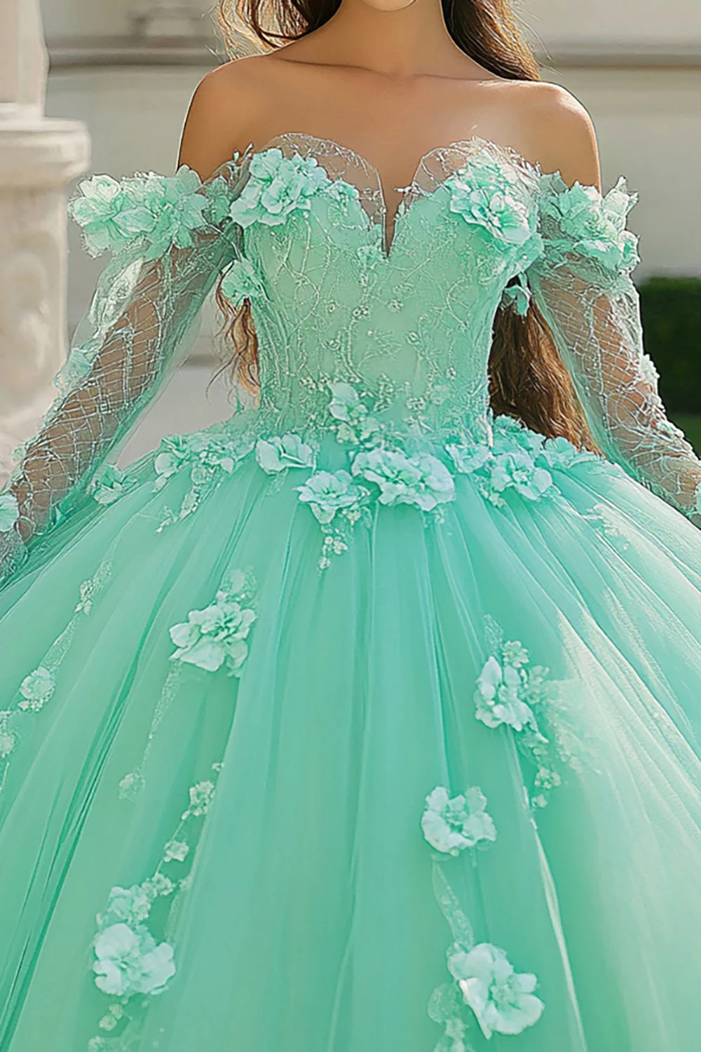 Miętowa sukienka w kwiaty tiulowa quinceanera z długimi rękawami - Image 2