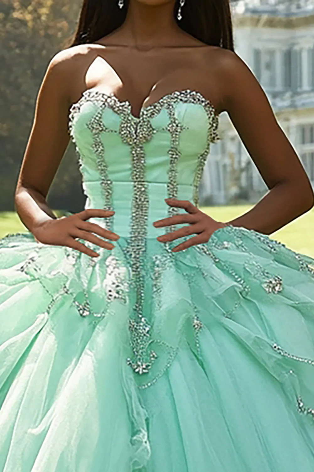 Miętowa suknia balowa bez ramiączek tiulowa sukienka z aplikacjami quinceanera - Image 2
