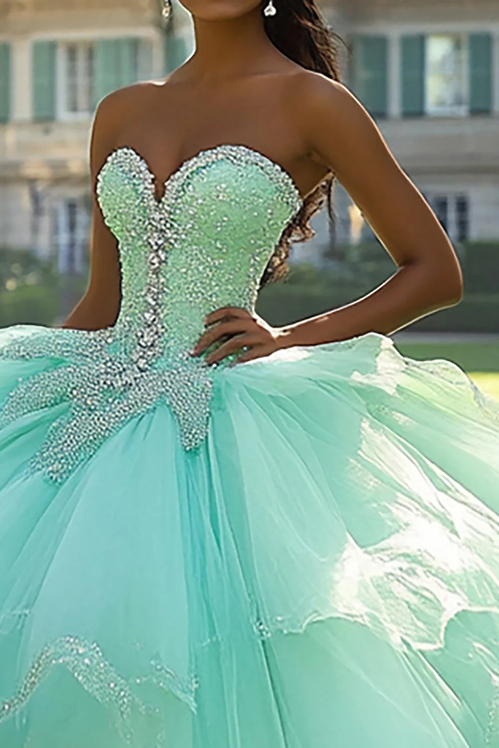 Miętowa suknia balowa bez ramiączek z aplikacją tiulowa sukienka Quinceanera - Image 2