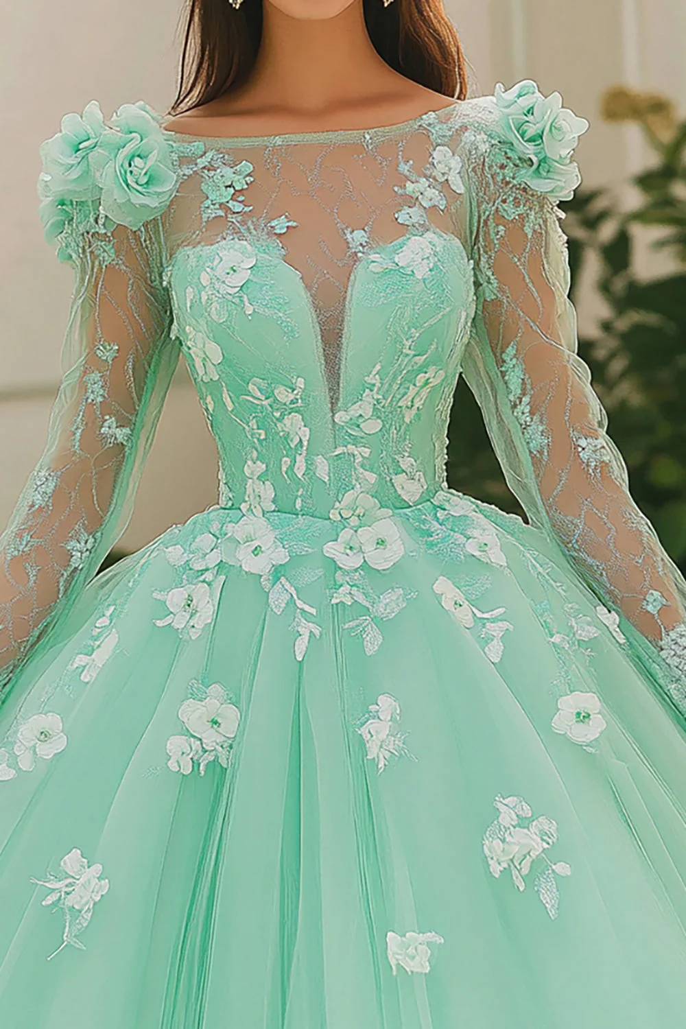 Miętowa suknia balowa z dekoltem w łódkę z aplikacją tiulowa sukienka quinceanera z długimi rękawami - Image 2