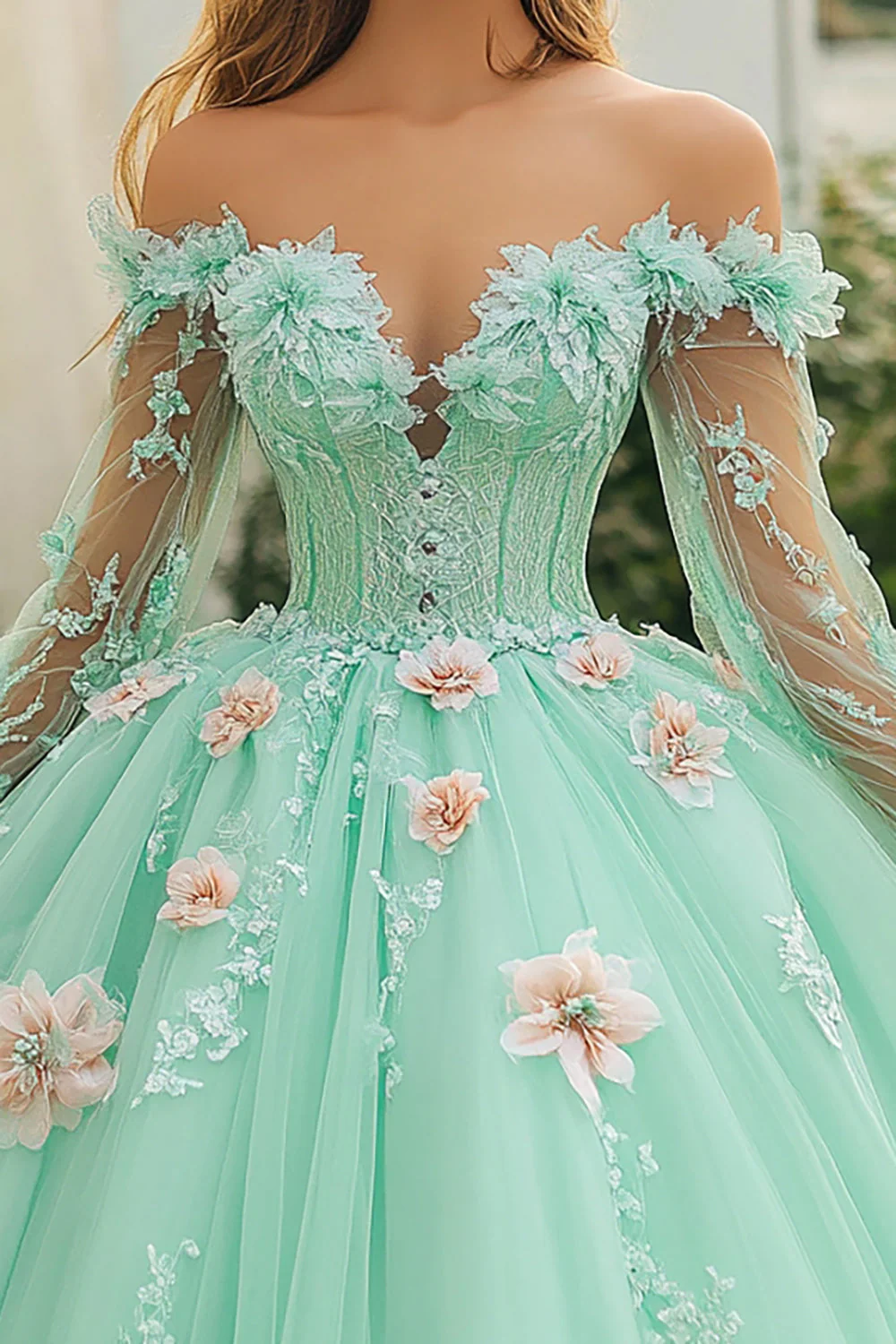 Miętowa tiulowa sukienka Quinceanera z odkrytymi ramionami z kwiatami 3D - Image 2
