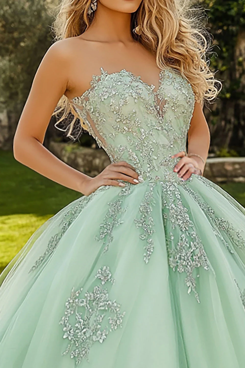 Miętowa Zielona Tiulowa Kochanie Księżniczka Aplikacja Sukienka Quinceanera - Image 2