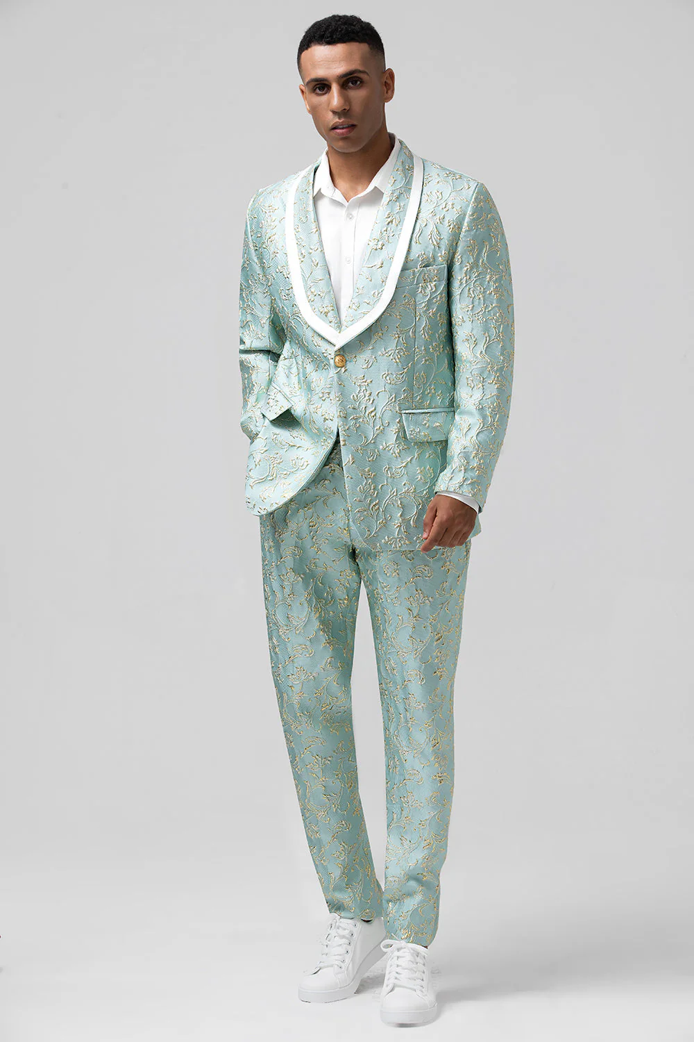Miętowe żakardowe szalowe klapy 2-częściowe męskie garnitury z jednym guzikiem - Image 3
