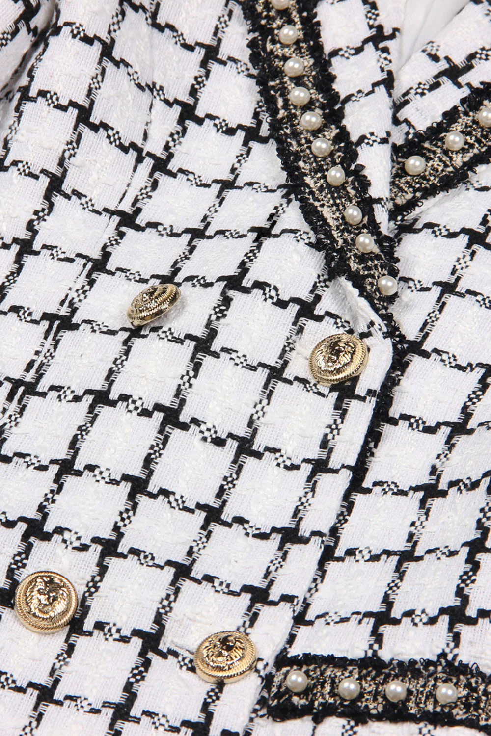 Mix Black Grid Peak Lapel Płaszcz Damski Z Perłą - Image 5