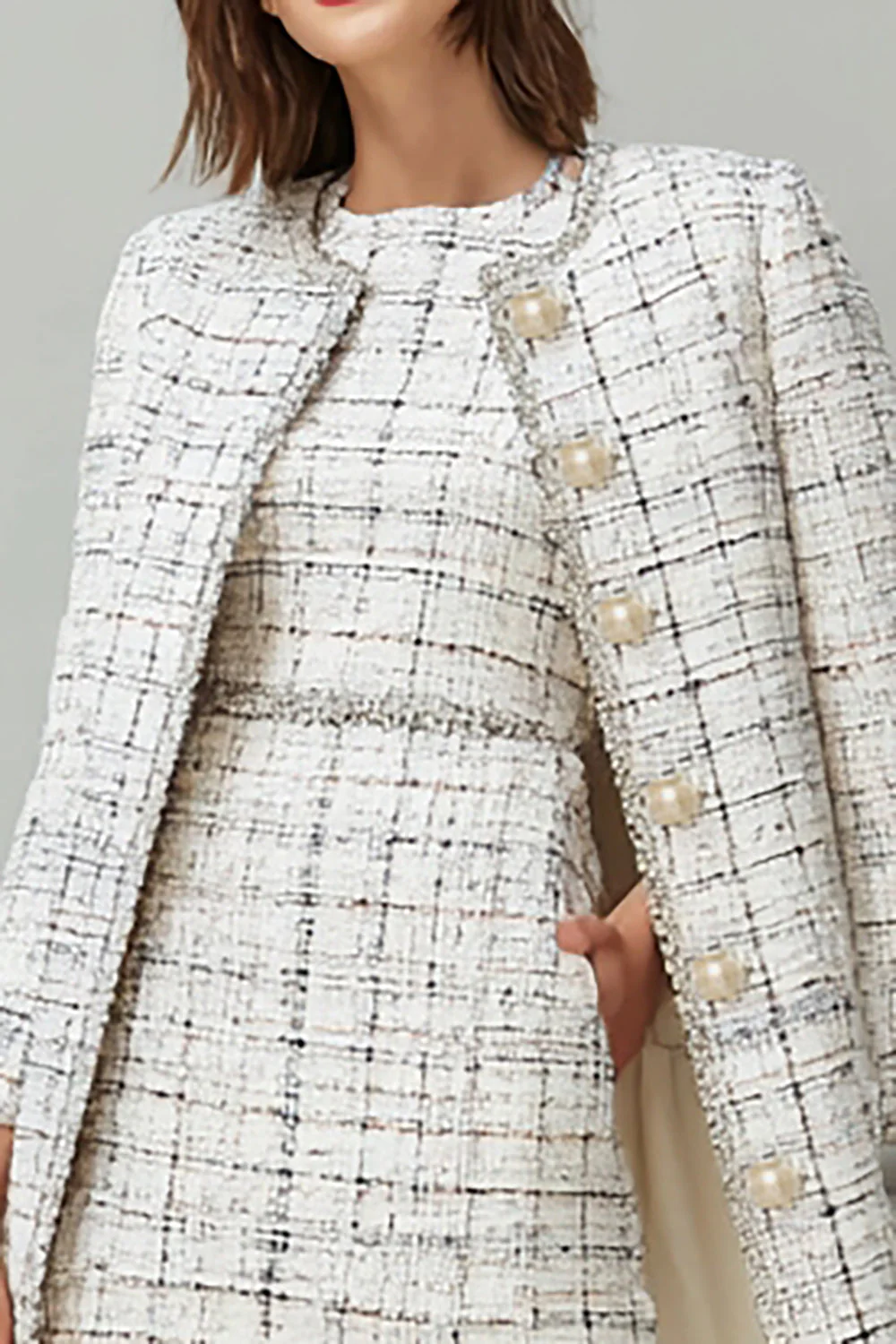 Mix Black Grid Tweed 2-częściowa sukienka robocza midi - Image 2