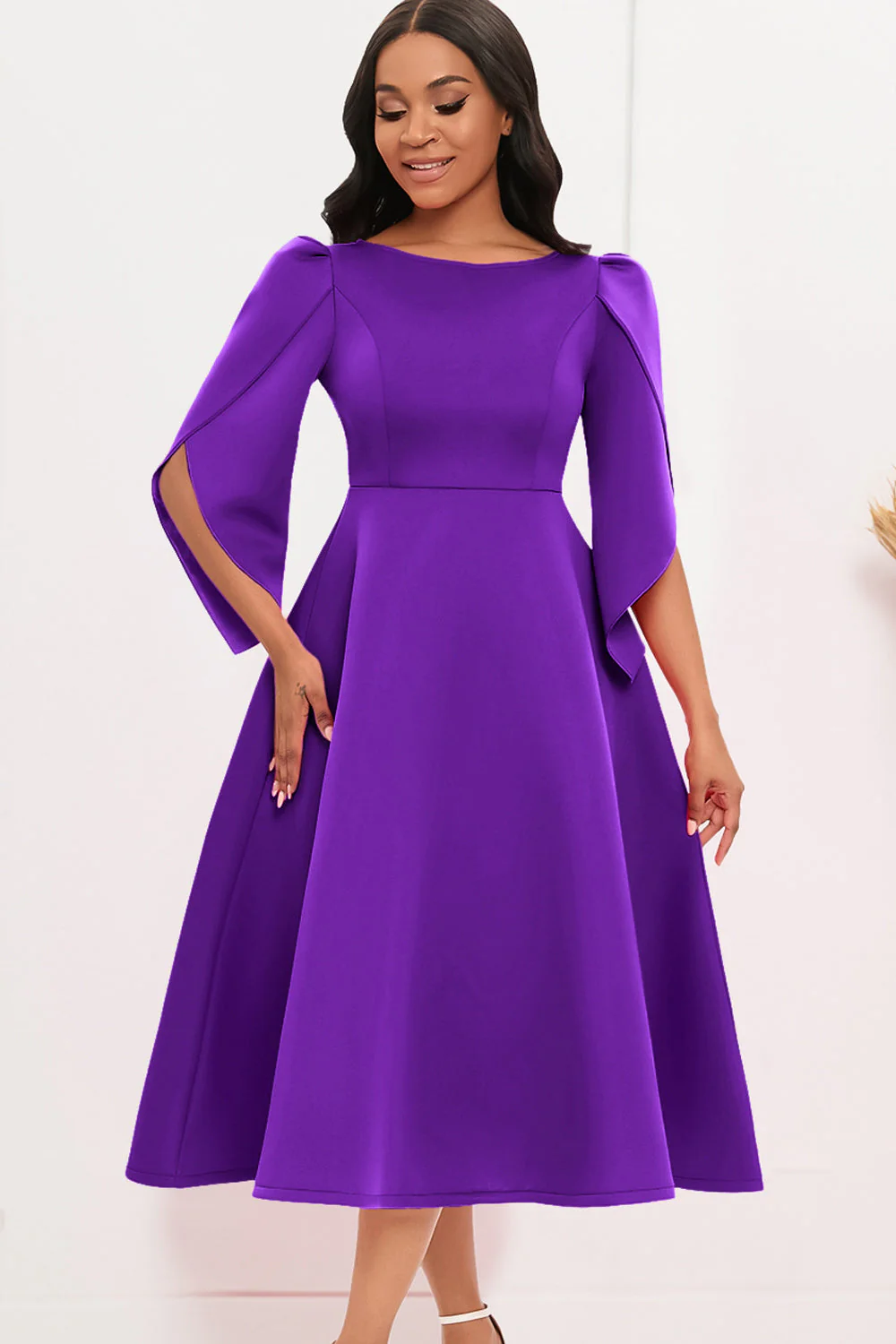 Modna elegancka sukienka Royal Blue A Line Solid Swing z półrękawami - Image 9