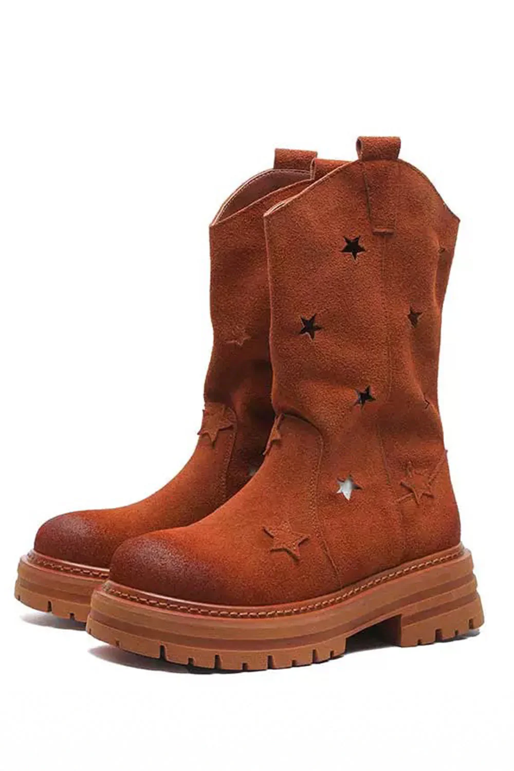 Modne szare buty z okrągłym noskiem na środku łydki - Image 5